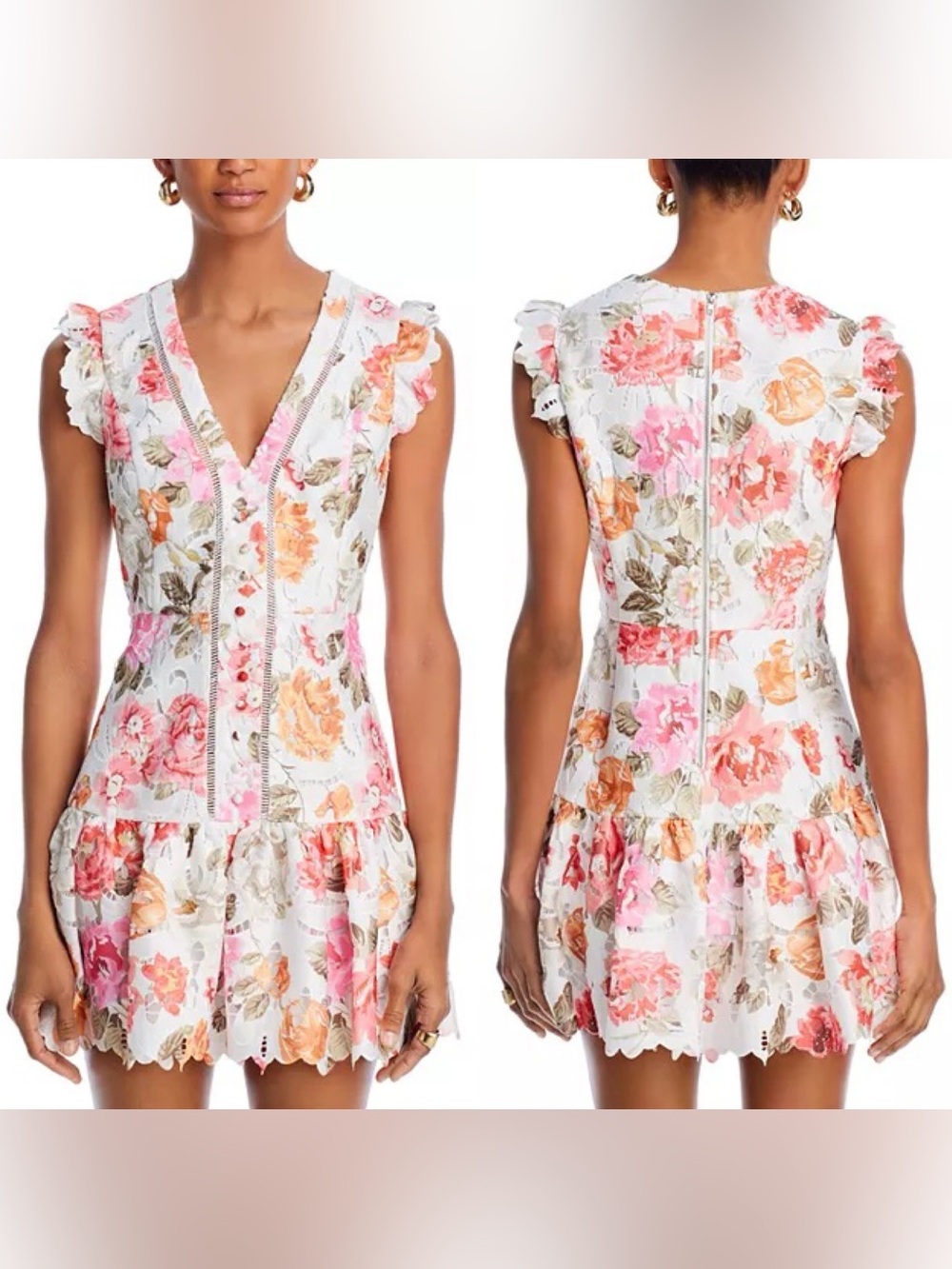 NEW AQUA Lace Floral V Neck Fit & Flare Dress Flutter Sleeves Drop Waist Small